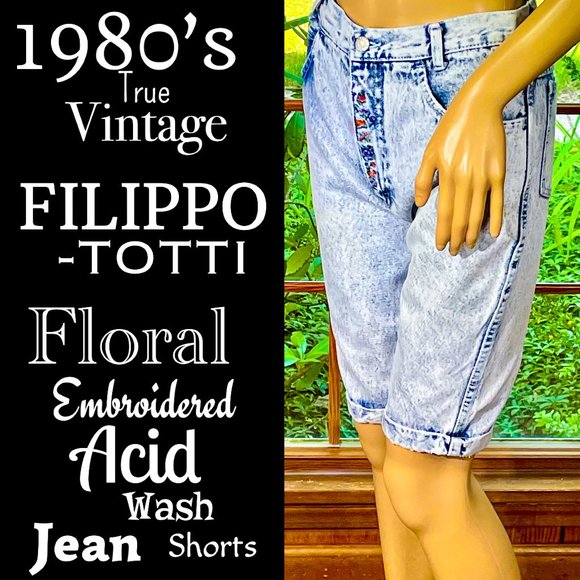 Vintage Pants - ⭐️HP⭐️VTG▪️FILIPPO-TOTTI▪️Floral Embroidered Distressed Acid Wash Denim Shorts
